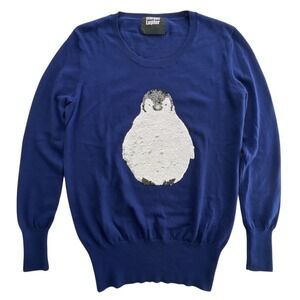 Markus Lupfer Navy Blue Sequin Penguin Sweater Women's Small 100% Merino Wool